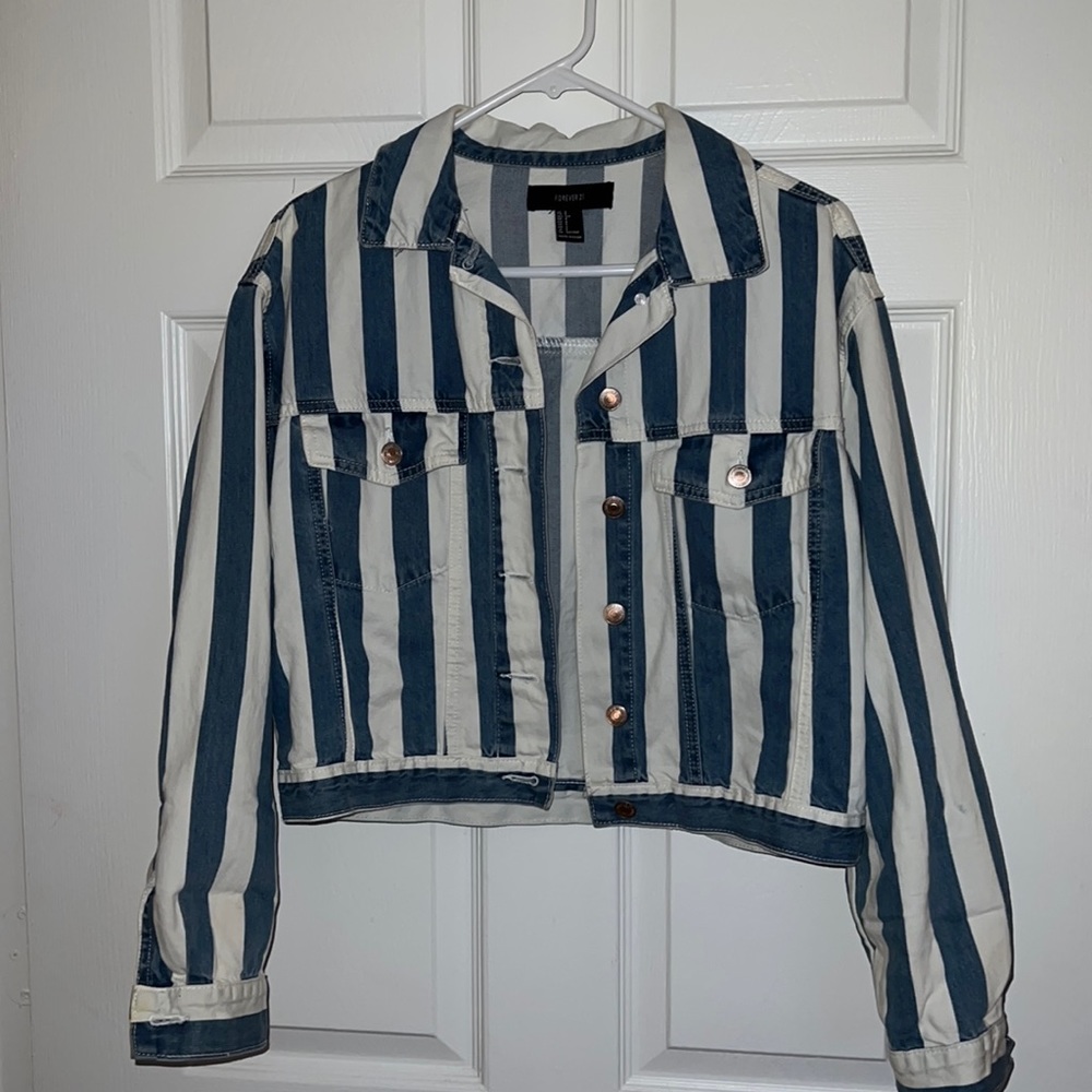 Vertical Striped Crop Jean Jacket
